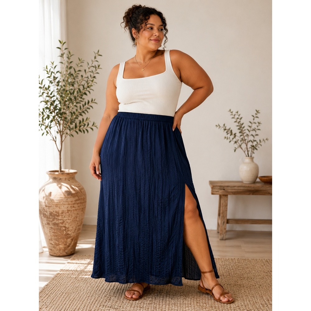 J.Crew Navy Satin Crinkle‎ Midi Skirt Side Slit Coastal Boho XXL